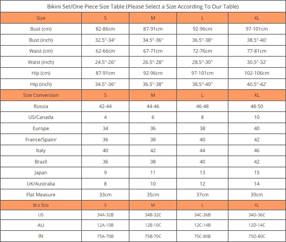Tableau des tailles de maillot de bain, guide des mesures en cm et inches