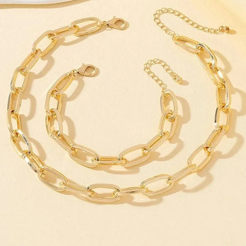 Ensemble Bijoux Femme Chaîne Punk Plaqué Or - Collier Bracelet Gros Maillons Style Dubai