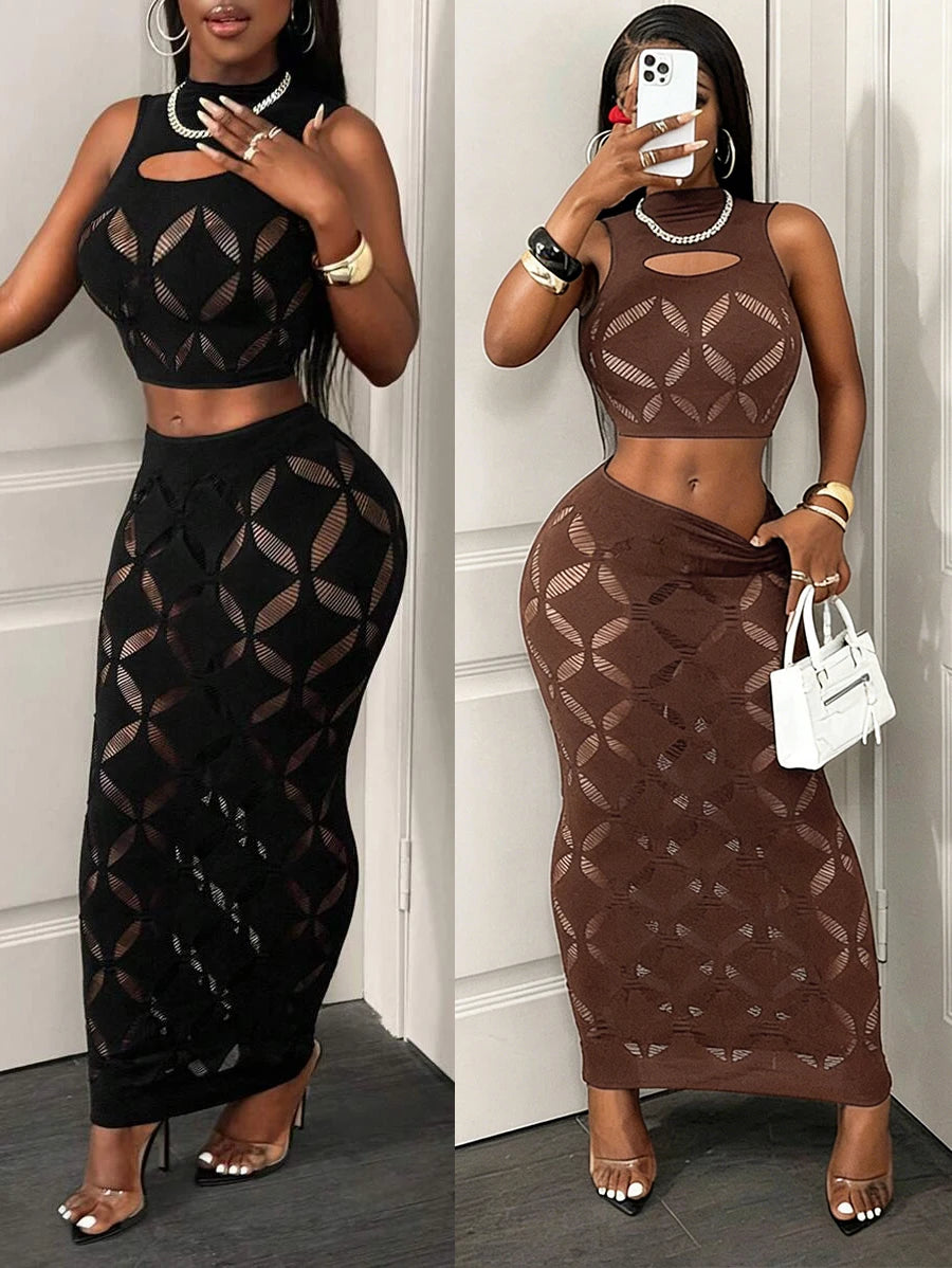 Ensemble débardeur sans manches noir à motifs géométriques et jupe longue moulante