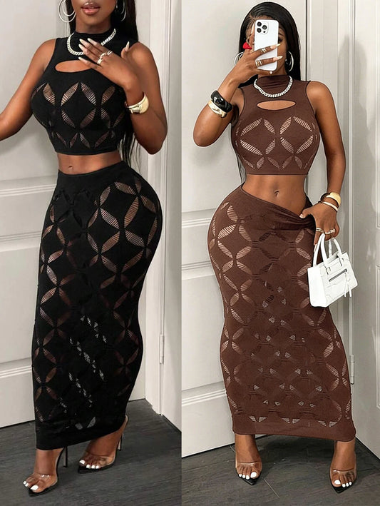 Ensemble débardeur sans manches noir à motifs géométriques et jupe longue moulante