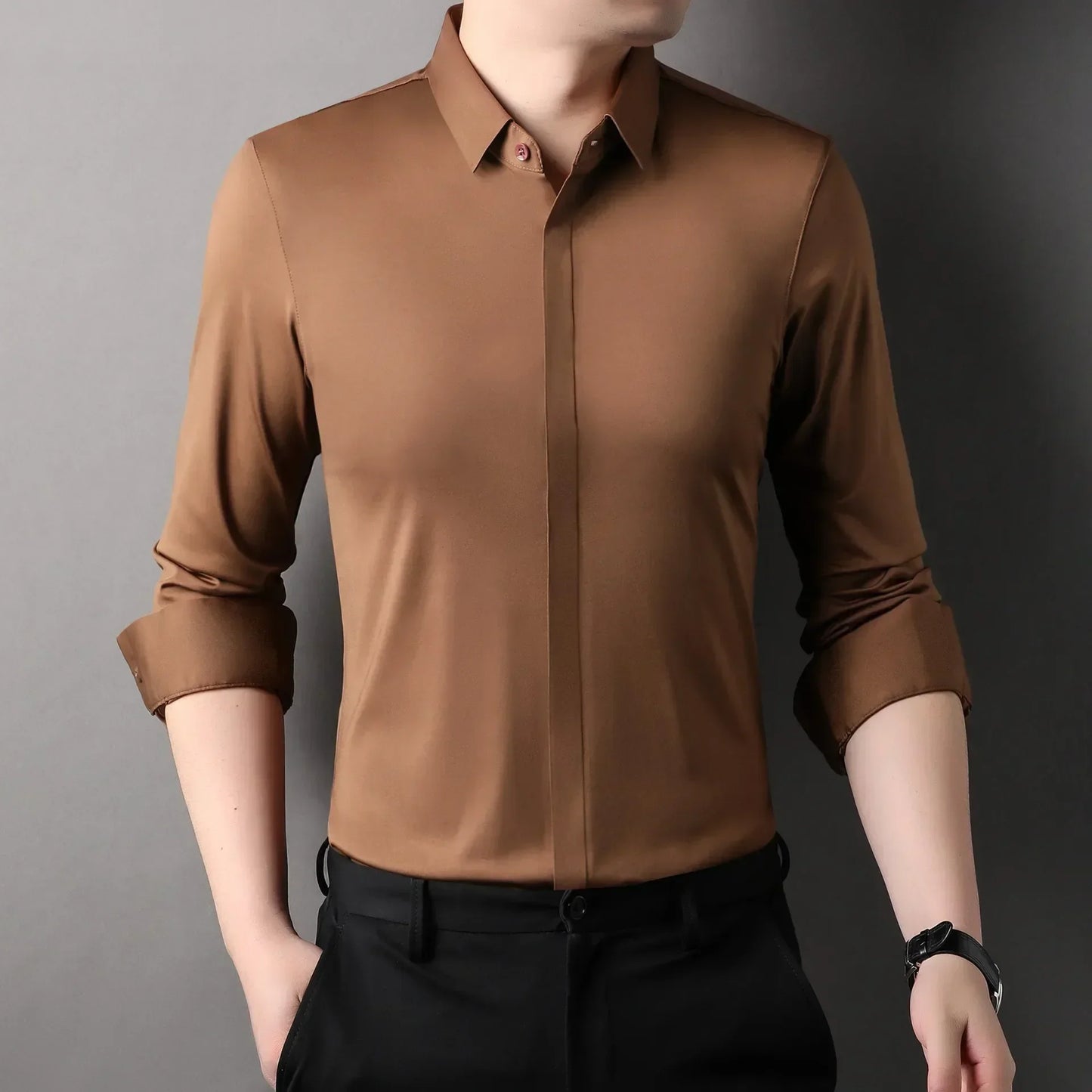 chemise hommes décontracté en soie polyester slim
