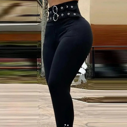 Pantalon Femme Taille Haute Fendu – Détails Perles & Métal Doré