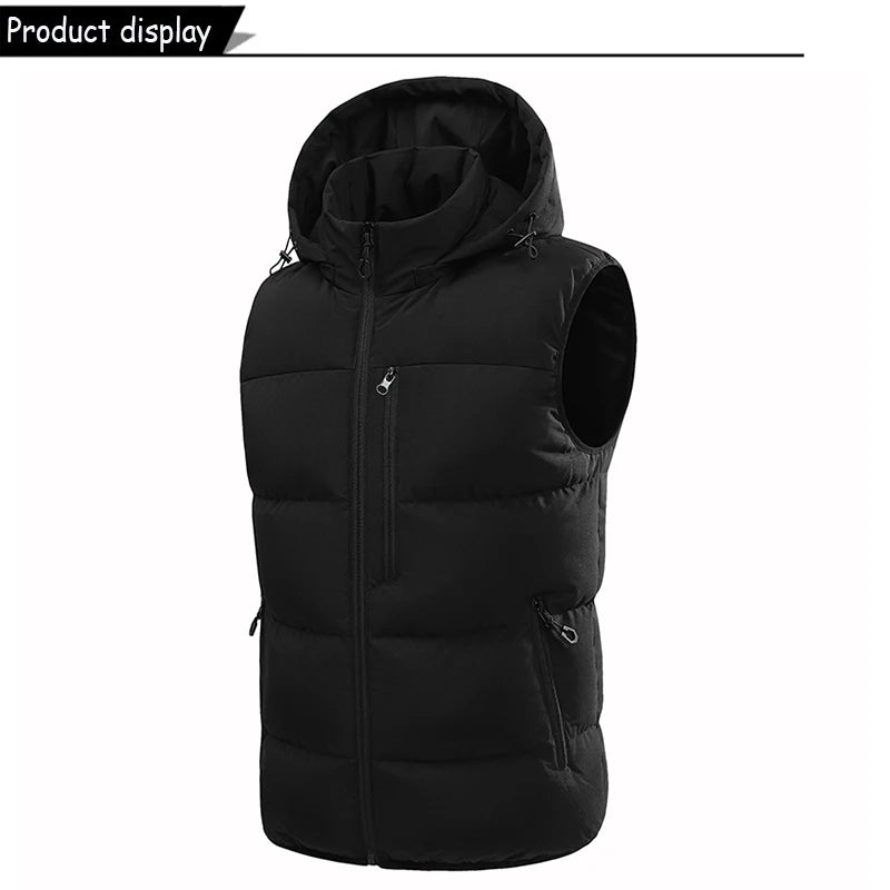 Gilet sans manches matelassé homme noir, capuche ajustable, fermeture zippée, poches latérales