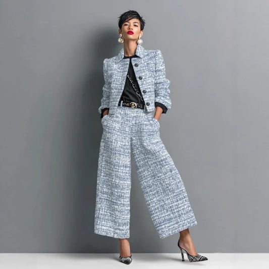 Tailleur Femme 2 Pièces Vichy - Veste Courte & Pantalon Large - Ensemble Élégant Professionnel