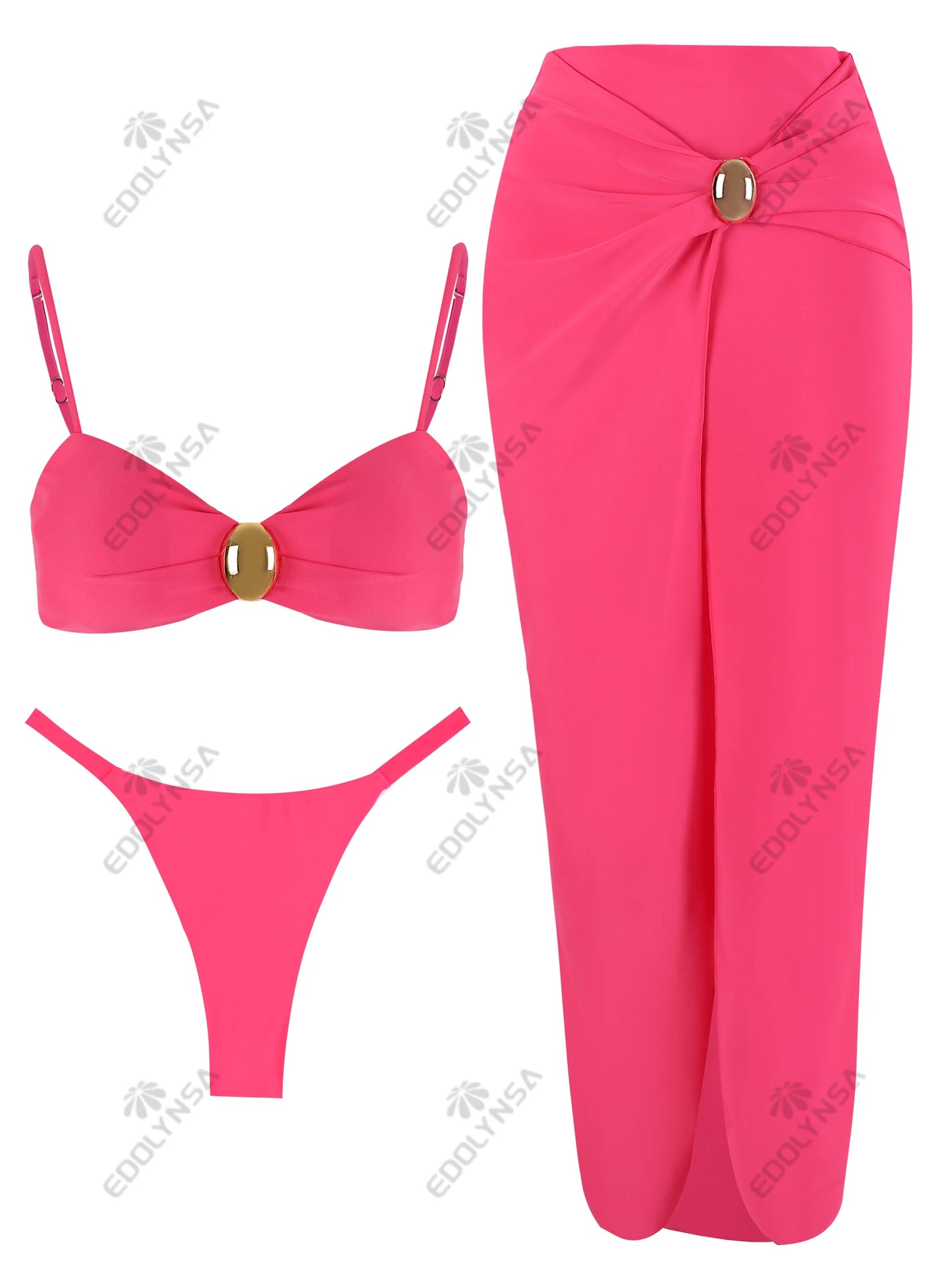 Ensemble maillot 3 pièces rose fuchsia : haut bandeau et jupe longue avec anneau décoratif.
