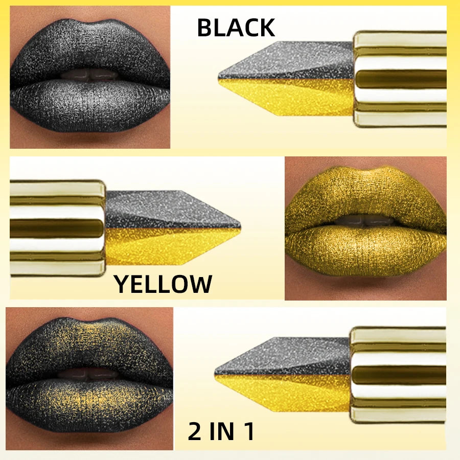 Rouge à lèvres noir et jaune métalliques, embouts et rendu sur lèvres