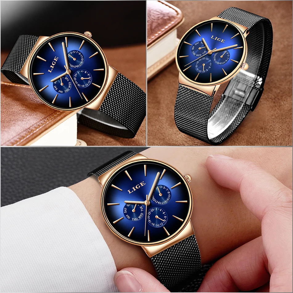 Montre Homme LIGE Luxe - Quartz Acier Maille Étanche Ultra-Fine | MONASTORESHOP.COM