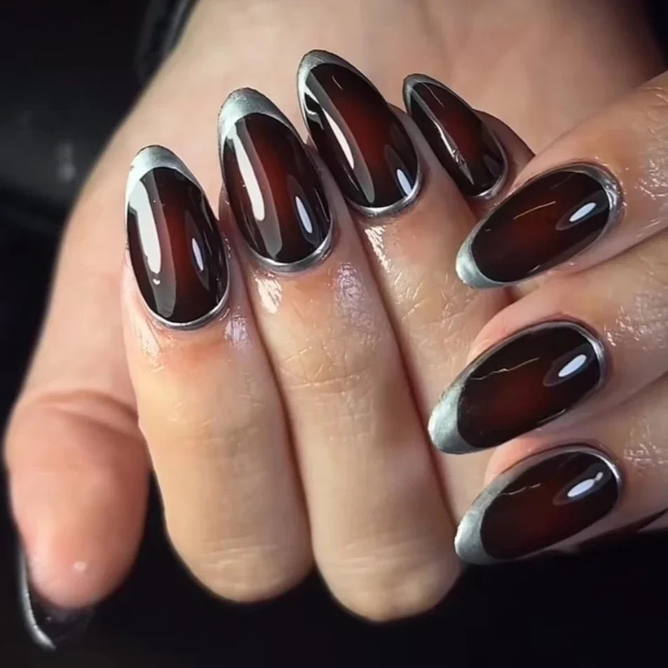 Faux ongles pointus , Aurora noir, blanc, nacré, brillant