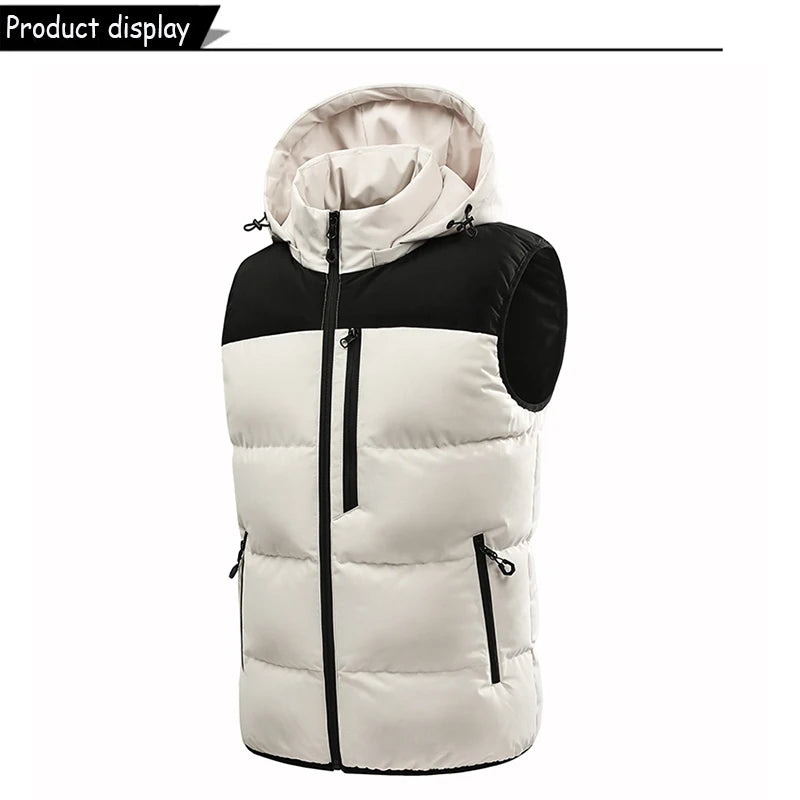 Gilet sans manches matelassé bicolore noir et blanc, capuche, fermeture zippée centrale