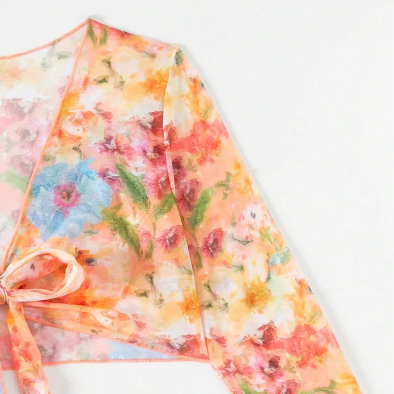 Ensemble Bikini 4 Pièces Taille Haute Imprimé - Jupe & Haut Manches Longues Sexy