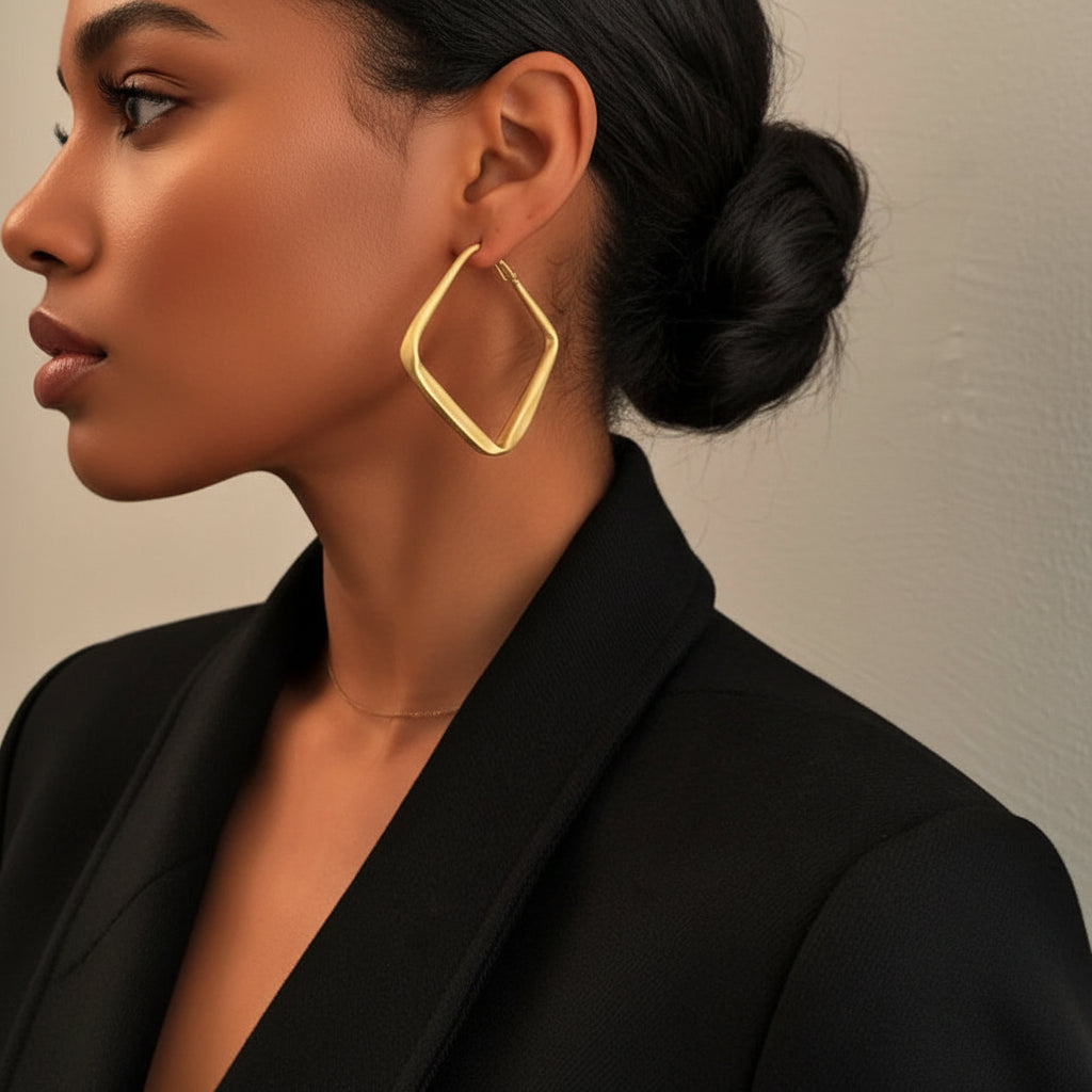 Boucles d’oreilles carrées géométriques en métal doré, forme losange ouverte
