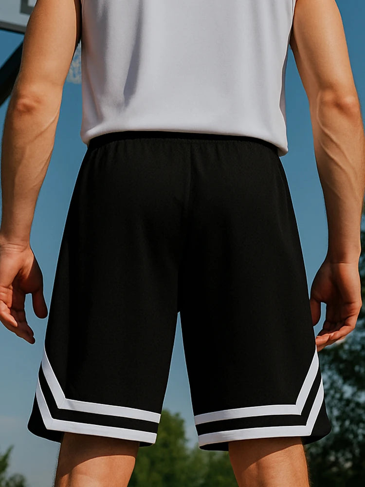 Short de sport homme noir, jambes courtes avec bandes contrastées blanc, cordon réglable