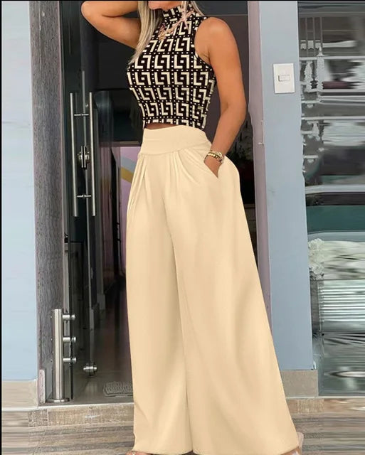 Ensemble pour femme débardeur à motif noir et pantalon large crème taille haute
