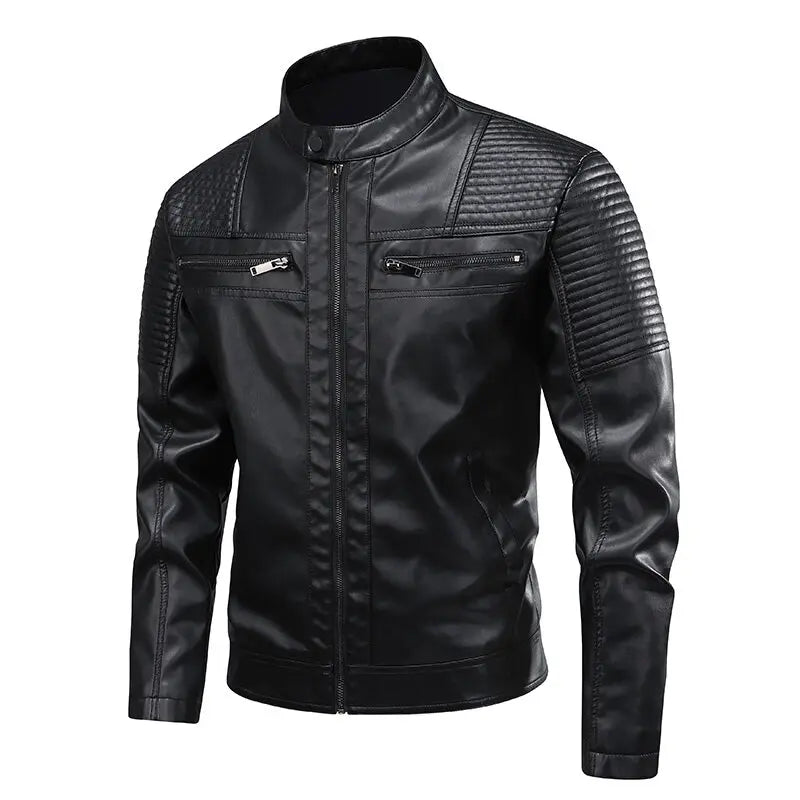 Blouson cuir noir pour homme, col montant et fermeture zippée centrale.