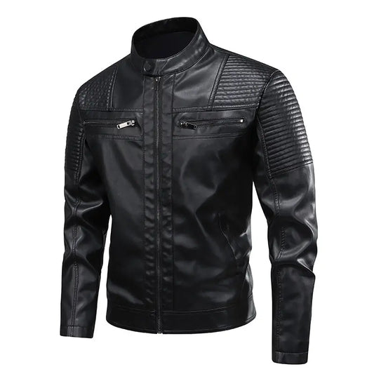 Blouson cuir noir pour homme, col montant et fermeture zippée centrale.