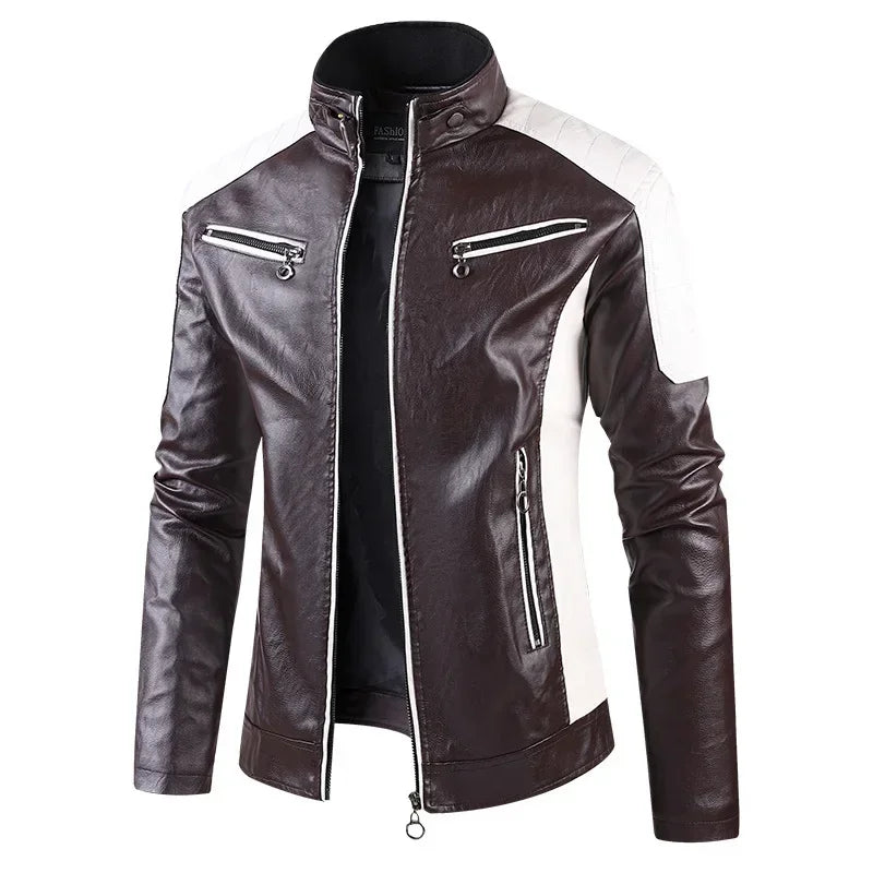 Veste motard en cuir PU homme marron foncé avec empiècements blancs, zippée