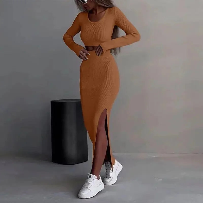 robe fendue longue et haut a manches longues tendance pour femmes