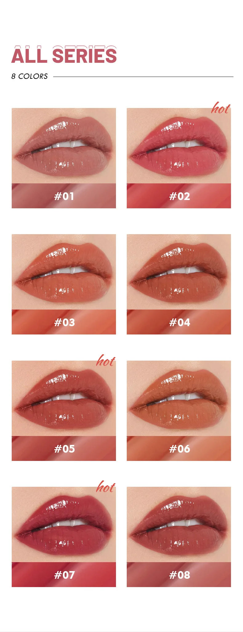 Rouge à lèvres haute qualité, 8 couleurs, effet brillant