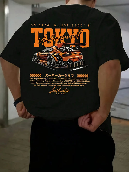 T-shirt homme noir, imprimé voiture orange au dos, manches courtes col rond.
