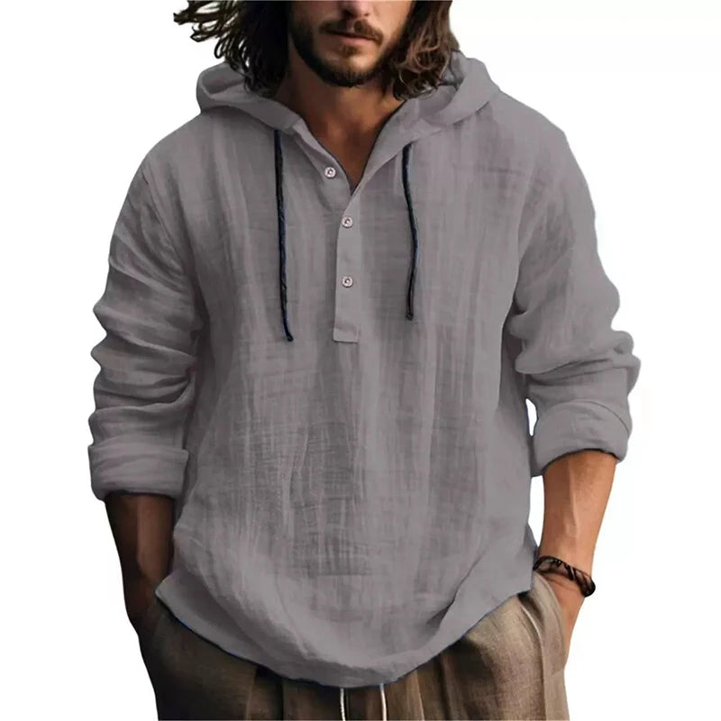 Chemise en lin homme à capuche gris clair, patte boutonnée et manches longues