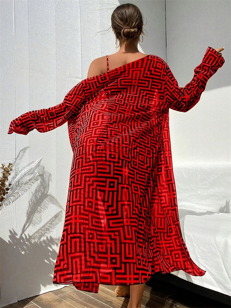 Ensemble bikini taille haute avec paréo manches longues et motif géométrique, rouge vif, vue de dos