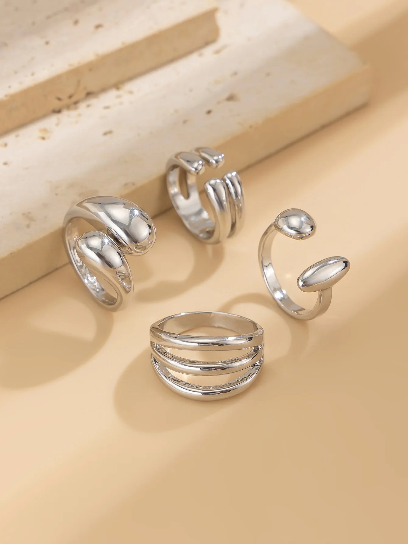 Bagues Métal Femmes - Set 4 Pièces Or Argent Punk Géométrique - MONASTORESHOP.COM