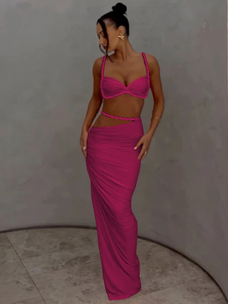 Ensemble femme rose fuchsia : brassière à bretelles et jupe longue moulante