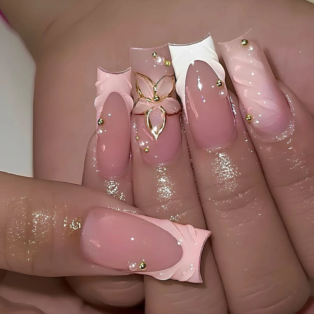 Faux ongles à pression carrée courte, fleur de Jade