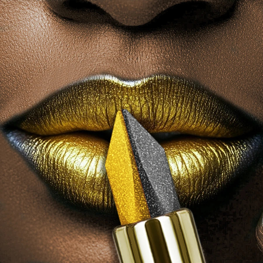 Rouge à lèvres double embout noir et jaune, effet métallique pailleté sur lèvres