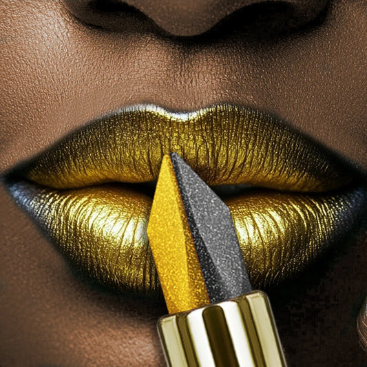 Rouge à lèvres double embout noir et jaune, effet métallique pailleté sur lèvres