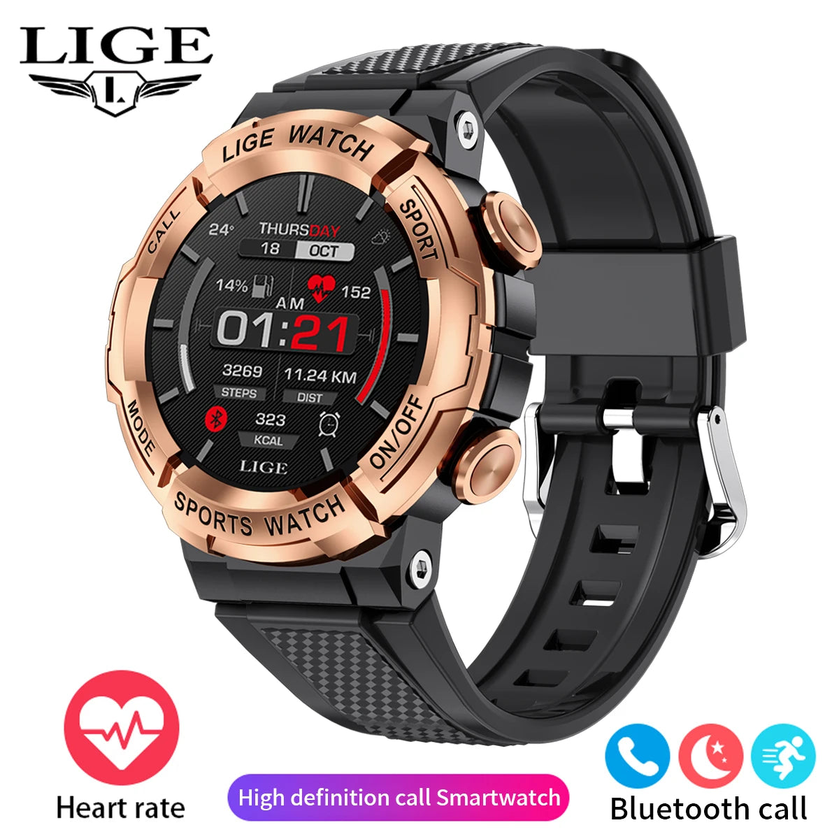 Montre connectée bracelet noir, boîtier doré rosé, écran affichant l’heure 01:21.