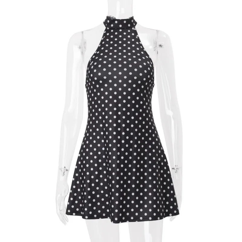 Mini Robe Pois Col Licou Dos Nu - Sans Manches, Taille Haute, Style Y2K