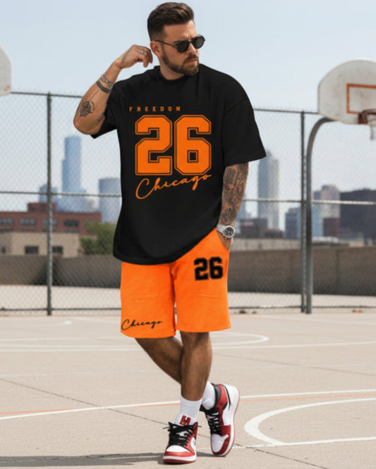 Ensemble t-shirt noir et short orange homme, imprimé 26