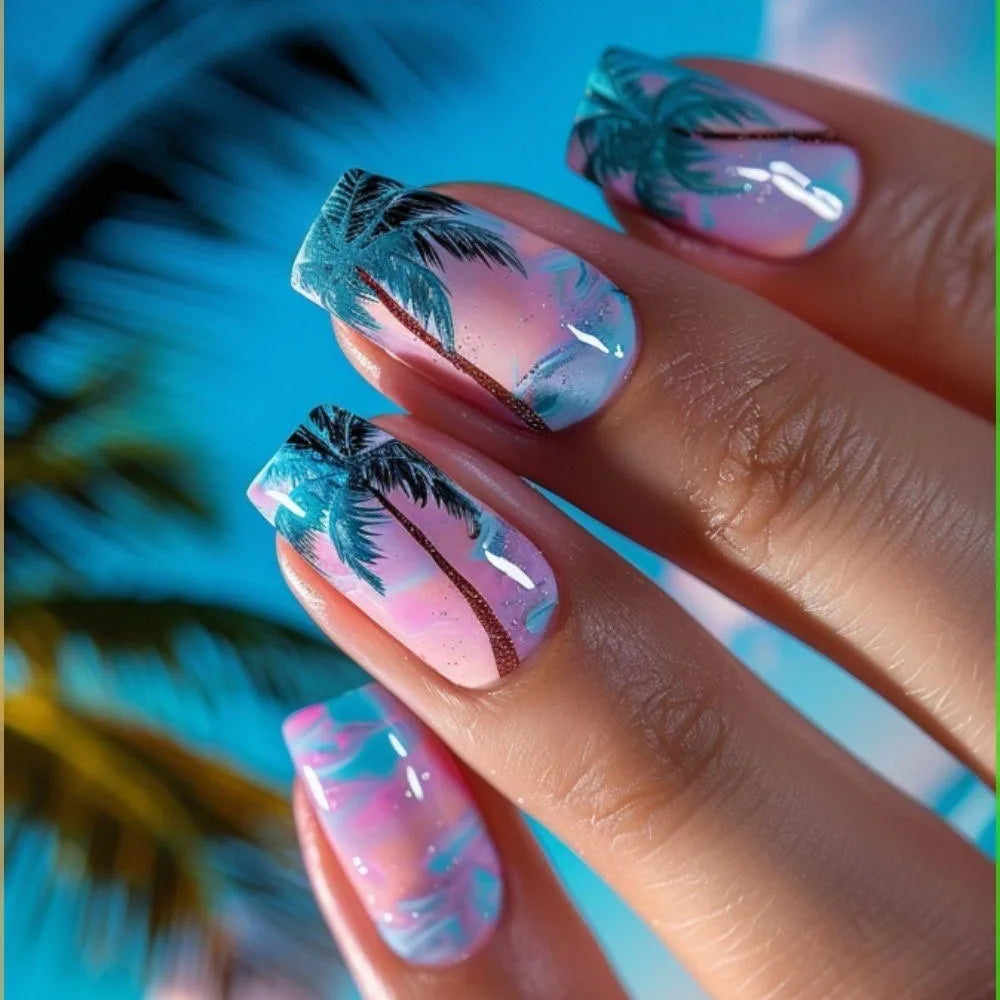 Faux ongles à pression carrée courte, fleur de Jade