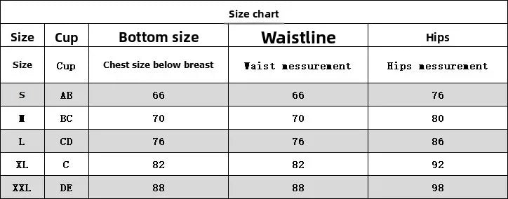Tableau des tailles de bikini avec mesures pour S à XXL