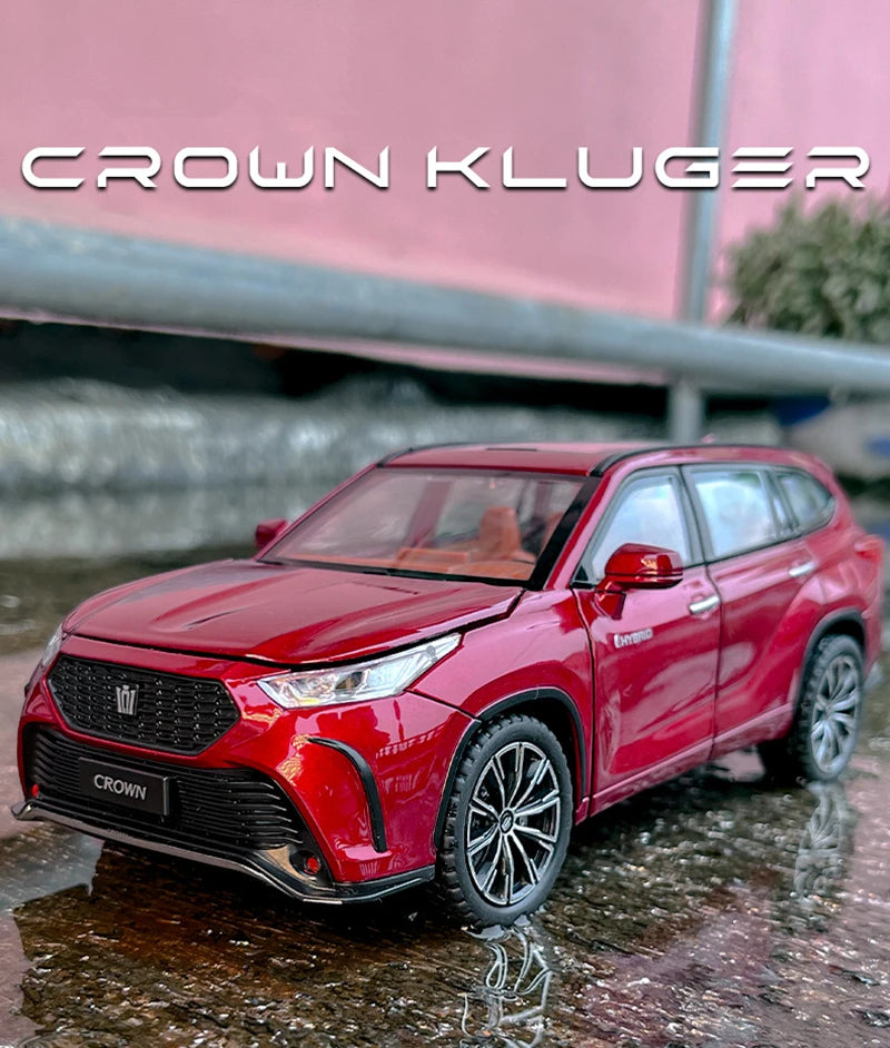 Modèle réduit de SUV Toyota Crown Kluger 1:24 rouge, vue avant trois-quarts sur surface extérieure