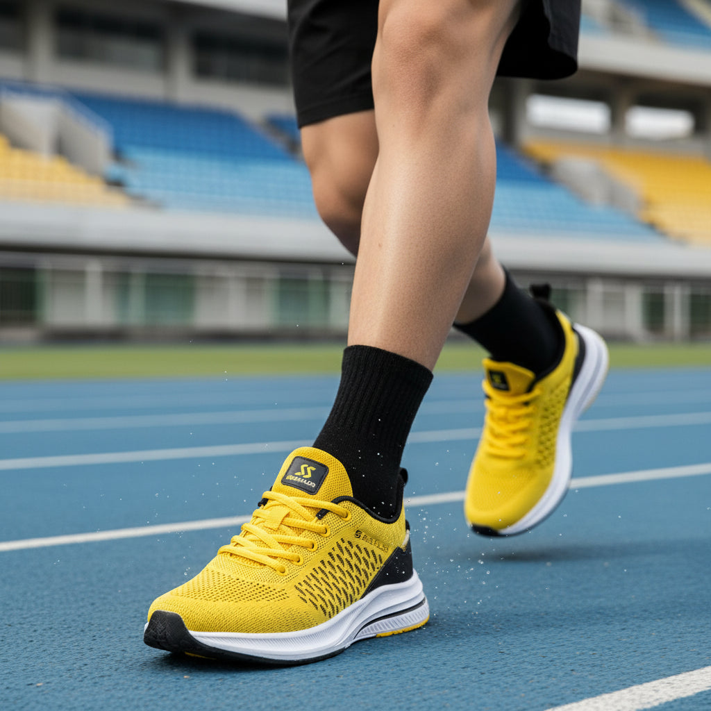 Chaussures de running homme à tige jaune, semelle blanche et détails noirs.