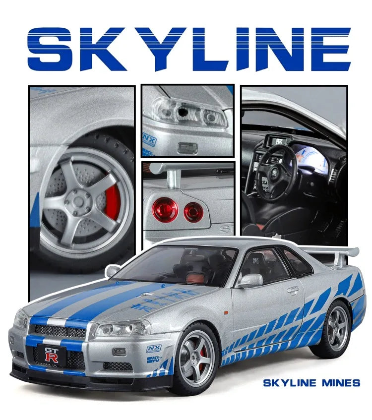 Modèle de voiture Nissan GT-R R34 Skyline en alliage roue démontable au 1/18