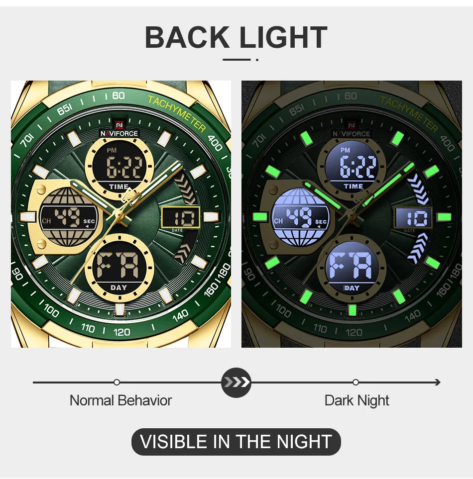 Montre homme sport cadran vert, boîtier doré, bracelet cuir vert, affichage numérique