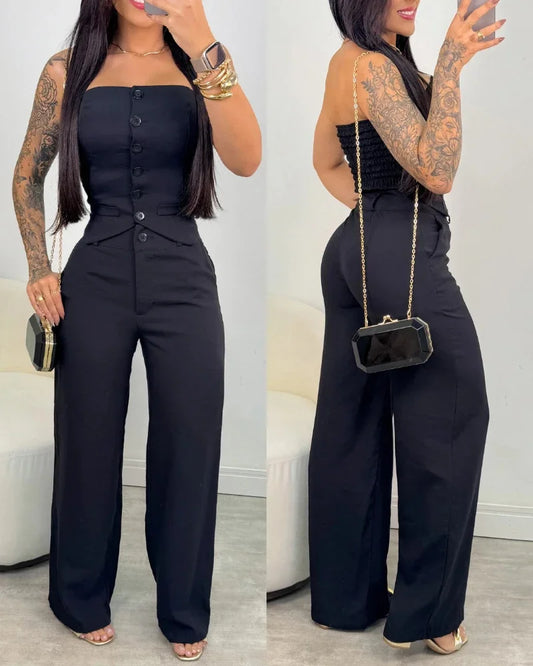 Ensemble 2 Pièces Femme – Top Bandeau & Pantalon Jambes Larges