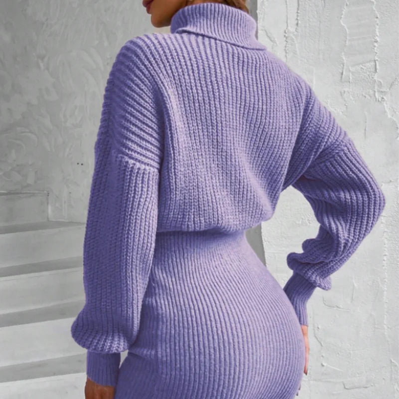 Robe à col haut de style élégant pour femmes, taille amincissante, tricot côtelé