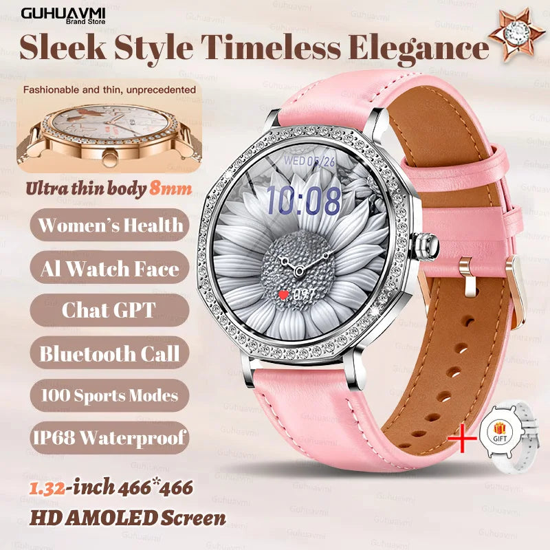 Montre Connectée Luxe Femme Diamant ChatGPT - 8mm Ultra Fine Bluetooth IP68 Or Rose - MONASTORESHOP.COM