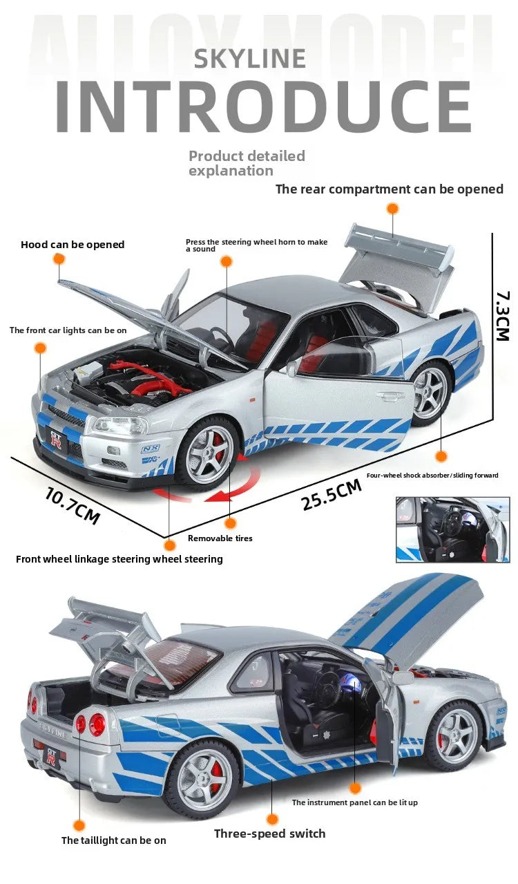 Modèle de voiture Nissan GT-R R34 Skyline en alliage roue démontable au 1/18