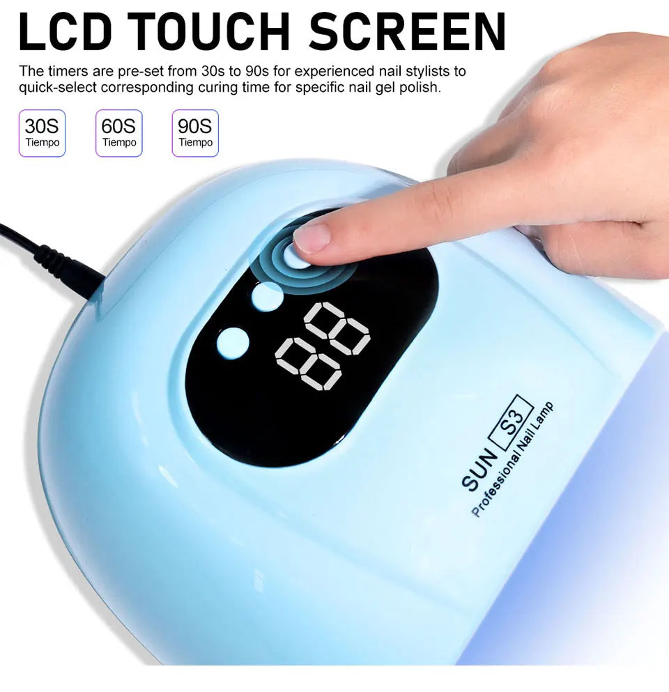 Lampe UV LED bleue pour ongles, écran S3 et réglage par touche du doigt.