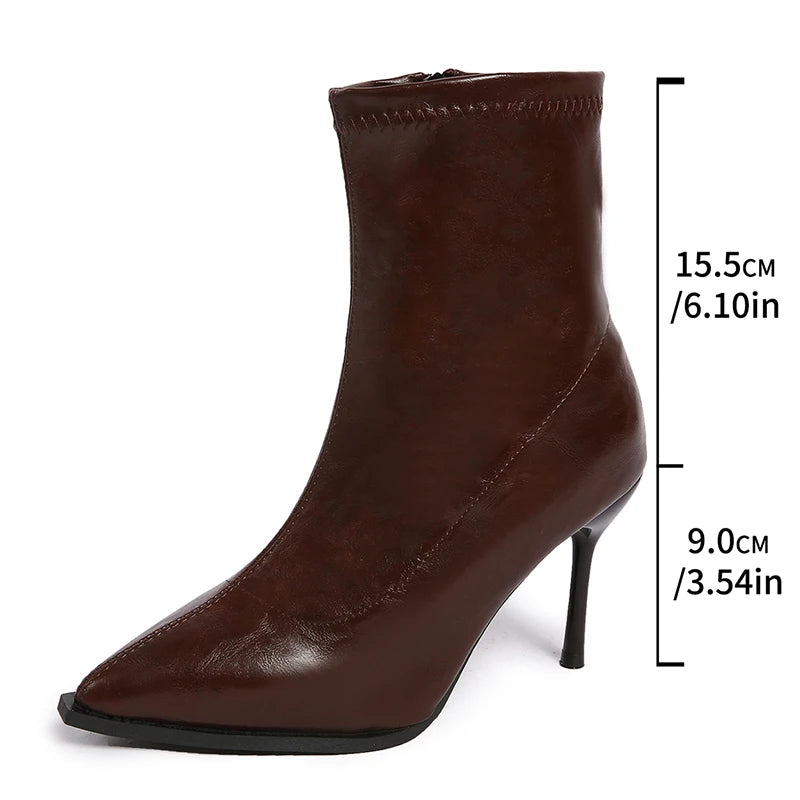 Bottines femme talon aiguille bout pointu tige mi-haute marron en cuir PU