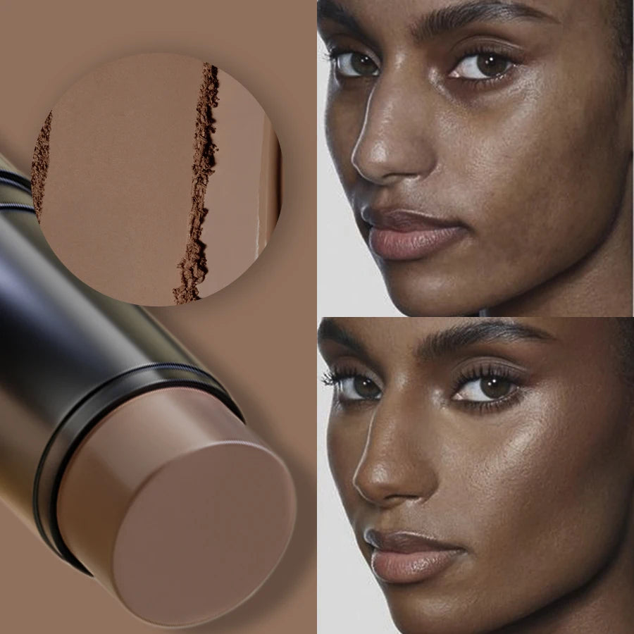 Crayon correcteur en bâton noir, capuchon beige, teinte visible sur peau