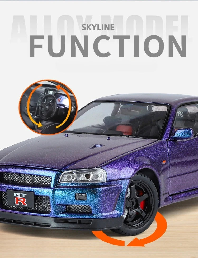 Modèle de voiture Nissan GT-R R34 Skyline en alliage roue démontable au 1/18