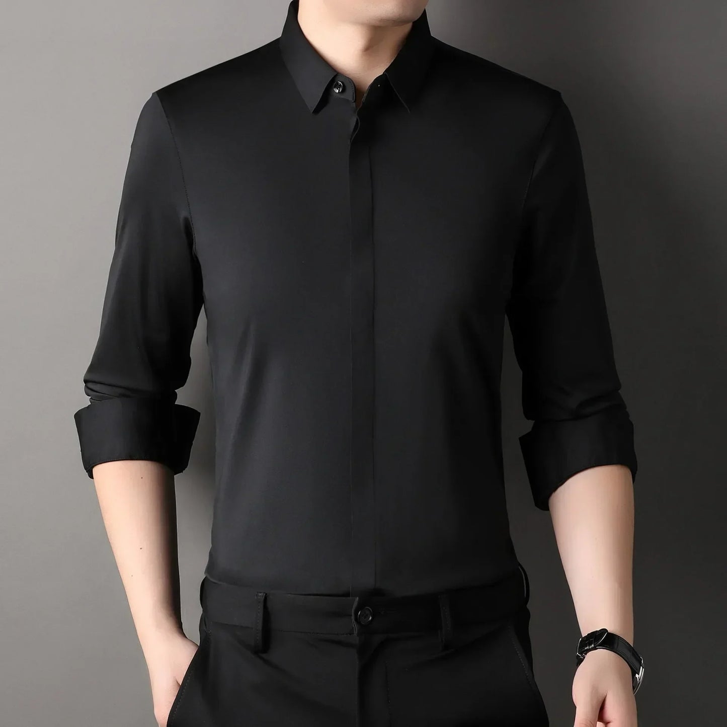 chemise hommes décontracté en soie polyester slim