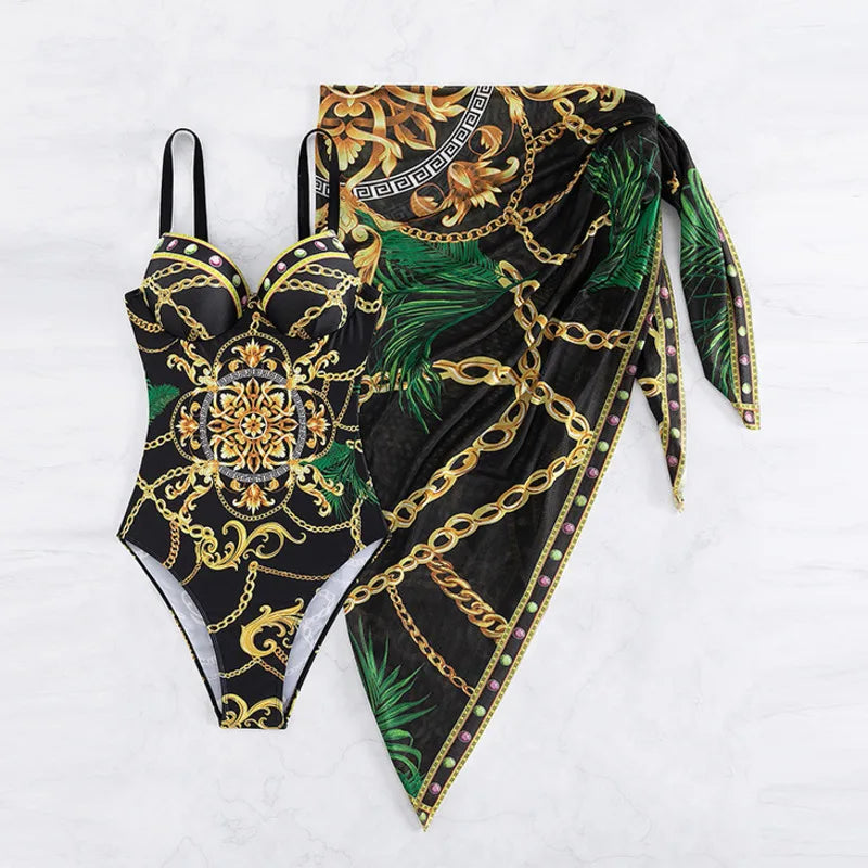 Maillot de bain une pièce push-up noir à armatures, drapé sur le côté, motif or/vert