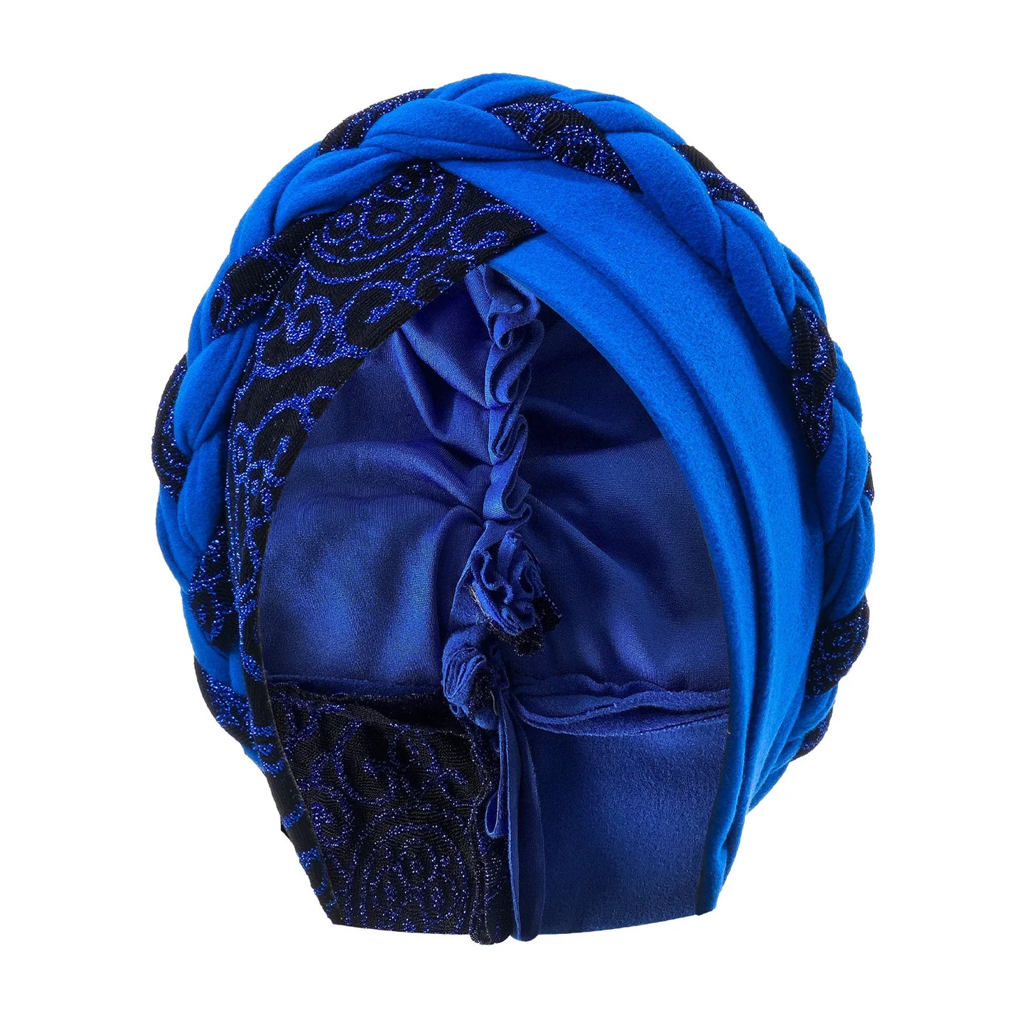 Bonnet turban tressé bleu à motifs bleu foncé, vue arrière.
